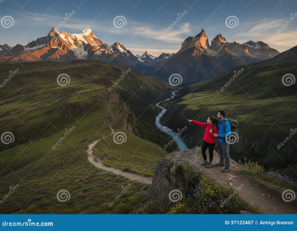 A breathtaking view of the Andes mountains at sunrise, showcasing a dramatic landscape with towering peaks, lush valleys, and a winding river. In the foreground, a rugged hiking path leads to a panoramic viewpoint, where a couple dressed in modest outdoor attire enjoys the scenery. The middle ground captures vibrant green slopes dotted with wildflowers, while the background features snow-capped summits reaching into a bright, clear sky, illuminated by warm, golden sunlight. The mood is adventurous and serene, evoking the thrill of trekking in high altitudes. The scene is captured with a wide-angle lens to emphasize the vastness of the landscape, enhancing the feeling of exploration in this stunning South American setting. A breathtaking view of the Andes mountains at sunrise, showcasing a dramatic landscape with towering peaks, lush valleys, and a winding river. In the foreground, a rugged hiking path leads to a panoramic viewpoint, where a couple dressed in modest outdoor attire enjoys the scenery. The middle ground captures vibrant green slopes dotted with wildflowers, while the background features snow-capped summits reaching into a bright, clear sky, illuminated by warm, golden sunlight. The mood is adventurous and serene, evoking the thrill of trekking in high altitudes. The scene is captured with a wide-angle lens to emphasize the vastness of the landscape, enhancing the feeling of exploration in this stunning South American setting.