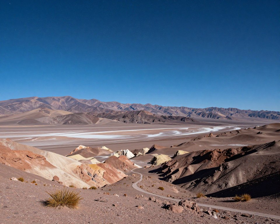 A breathtaking view of the Atacama Desert during the best travel season, showcasing the vast arid landscape under a clear, starlit sky. In the foreground, include the unique, rugged formations of colorful rock and sparse desert vegetation, with a pathway leading towards the horizon. The middle ground should feature rolling sand dunes and salt flats illuminated by the soft glow of the moon, highlighting the texture of the terrain. In the background, towering mountains create a dramatic skyline against the deep blue night sky, filled with countless bright stars, showcasing the dazzling clarity of the Atacama's heavens. The atmosphere should evoke a sense of adventure and tranquility, with subtle twilight hues blending into the starry night, captured from a slight low angle to emphasize the vastness of the desert. A breathtaking view of the Atacama Desert during the best travel season, showcasing the vast arid landscape under a clear, starlit sky. In the foreground, include the unique, rugged formations of colorful rock and sparse desert vegetation, with a pathway leading towards the horizon. The middle ground should feature rolling sand dunes and salt flats illuminated by the soft glow of the moon, highlighting the texture of the terrain. In the background, towering mountains create a dramatic skyline against the deep blue night sky, filled with countless bright stars, showcasing the dazzling clarity of the Atacama's heavens. The atmosphere should evoke a sense of adventure and tranquility, with subtle twilight hues blending into the starry night, captured from a slight low angle to emphasize the vastness of the desert.