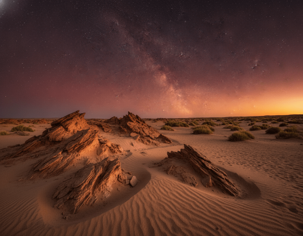 A breathtaking view of the Atacama Desert during twilight, showcasing its vast, arid landscapes. In the foreground, distinct rocky formations punctuate the sandy terrain, highlighted by the warm glow of the setting sun. The middle ground features scattered patches of hardy desert flora, resilient against the harsh climate. The background reveals the expansive horizon, blending hues of deep orange and purple as the sky transitions to night. Bright, twinkling stars begin to emerge, illuminating the serene atmosphere. The scene captures the dry, majestic beauty of the Atacama, evoking a sense of tranquility and wonder. Soft lighting enhances the textures of the sand and rocks, while a wide-angle perspective invites viewers into this enchanting otherworld. A breathtaking view of the Atacama Desert during twilight, showcasing its vast, arid landscapes. In the foreground, distinct rocky formations punctuate the sandy terrain, highlighted by the warm glow of the setting sun. The middle ground features scattered patches of hardy desert flora, resilient against the harsh climate. The background reveals the expansive horizon, blending hues of deep orange and purple as the sky transitions to night. Bright, twinkling stars begin to emerge, illuminating the serene atmosphere. The scene captures the dry, majestic beauty of the Atacama, evoking a sense of tranquility and wonder. Soft lighting enhances the textures of the sand and rocks, while a wide-angle perspective invites viewers into this enchanting otherworld.