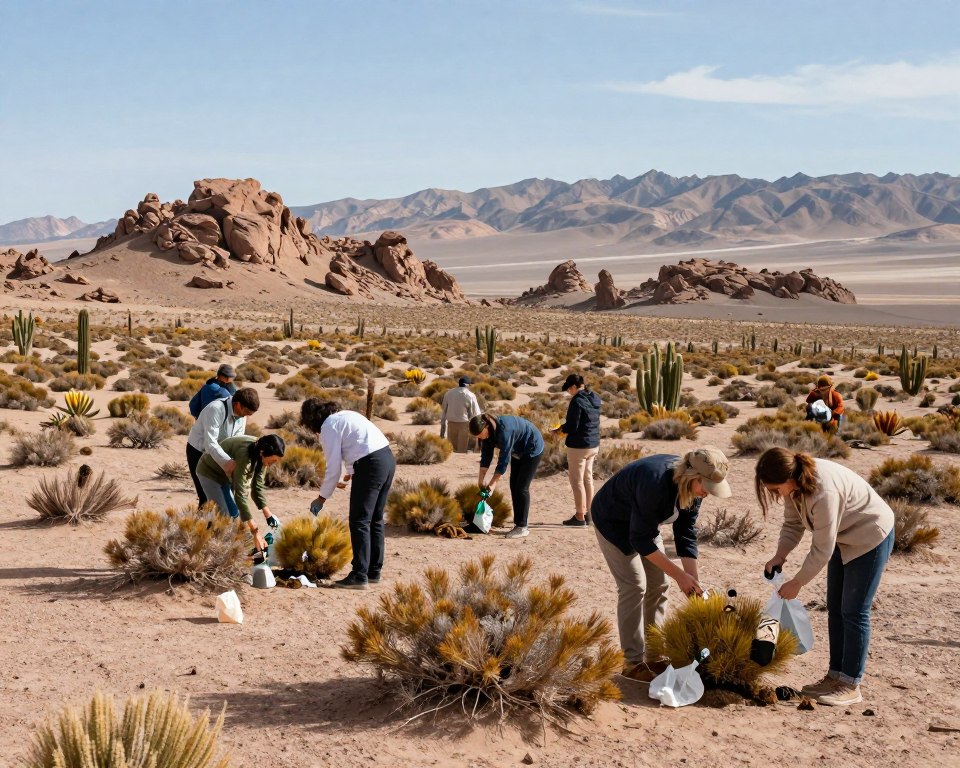 A breathtaking view of the Atacama Desert, focusing on a sustainable travel theme. In the foreground, a group of travelers dressed in professional, modest clothing engages in eco-friendly practices, such as planting native shrubs and picking up litter. The middle ground features unique desert flora, such as vibrant cacti and hardy vegetation, showcasing the region's delicate ecosystem. The background captures the iconic arid landscape with stunning rock formations and distant mountains under a clear blue sky. Soft, warm lighting illuminates the scene, creating a serene atmosphere. The angle is slightly elevated, providing a panoramic view that emphasizes the beauty and fragility of this unique desert environment, reflecting a commitment to conservation and responsible exploration. A breathtaking view of the Atacama Desert, focusing on a sustainable travel theme. In the foreground, a group of travelers dressed in professional, modest clothing engages in eco-friendly practices, such as planting native shrubs and picking up litter. The middle ground features unique desert flora, such as vibrant cacti and hardy vegetation, showcasing the region's delicate ecosystem. The background captures the iconic arid landscape with stunning rock formations and distant mountains under a clear blue sky. Soft, warm lighting illuminates the scene, creating a serene atmosphere. The angle is slightly elevated, providing a panoramic view that emphasizes the beauty and fragility of this unique desert environment, reflecting a commitment to conservation and responsible exploration.