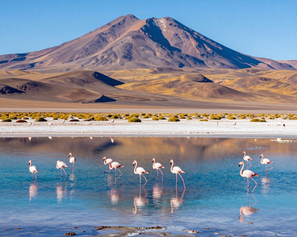 A breathtaking view of the Atacama Desert, showcasing a striking landscape filled with vibrant salt flats and shimmering lagoons teeming with pink flamingos. In the foreground, a lively group of flamingos wades gracefully in the crystal-clear waters of a salt lake, their reflections mirrored on the surface. The middle ground features vast expanses of white salt crusts, dotted with patches of green vegetation, creating a contrast against the arid backdrop. In the background, majestic mountains rise under a clear blue sky, bathed in warm golden sunlight. The scene is captured with a wide-angle lens at a low angle, which emphasizes the beauty and vastness of this unique desert environment, evoking a sense of wonder and tranquility. The overall mood is serene and enchanting, inviting viewers to explore the natural wonders of the Atacama. A breathtaking view of the Atacama Desert, showcasing a striking landscape filled with vibrant salt flats and shimmering lagoons teeming with pink flamingos. In the foreground, a lively group of flamingos wades gracefully in the crystal-clear waters of a salt lake, their reflections mirrored on the surface. The middle ground features vast expanses of white salt crusts, dotted with patches of green vegetation, creating a contrast against the arid backdrop. In the background, majestic mountains rise under a clear blue sky, bathed in warm golden sunlight. The scene is captured with a wide-angle lens at a low angle, which emphasizes the beauty and vastness of this unique desert environment, evoking a sense of wonder and tranquility. The overall mood is serene and enchanting, inviting viewers to explore the natural wonders of the Atacama.