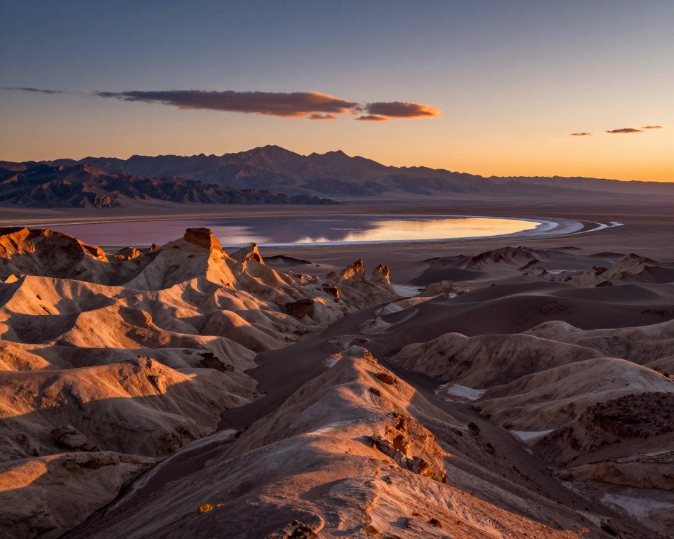 A breathtaking view of the Atacama Desert’s top highlights, featuring the otherworldly Valle de la Luna in the foreground with its intricate rock formations and sand dunes bathed in warm golden light during sunset. In the middle ground, showcase the vibrant salt flats glistening under the soft twilight, reflecting the deepening hues of orange and blue in the sky. In the background, depict the majestic Andes Mountains silhouetted against the fading light, with a few scattered clouds adding texture to the sky. The mood should evoke tranquility and adventure, inviting the viewer to discover the enchanting beauty and unique landscapes of Atacama. Capture the scene using a wide-angle lens to emphasize the vastness of the desert, with soft, natural lighting to enhance the colors. A breathtaking view of the Atacama Desert’s top highlights, featuring the otherworldly Valle de la Luna in the foreground with its intricate rock formations and sand dunes bathed in warm golden light during sunset. In the middle ground, showcase the vibrant salt flats glistening under the soft twilight, reflecting the deepening hues of orange and blue in the sky. In the background, depict the majestic Andes Mountains silhouetted against the fading light, with a few scattered clouds adding texture to the sky. The mood should evoke tranquility and adventure, inviting the viewer to discover the enchanting beauty and unique landscapes of Atacama. Capture the scene using a wide-angle lens to emphasize the vastness of the desert, with soft, natural lighting to enhance the colors.