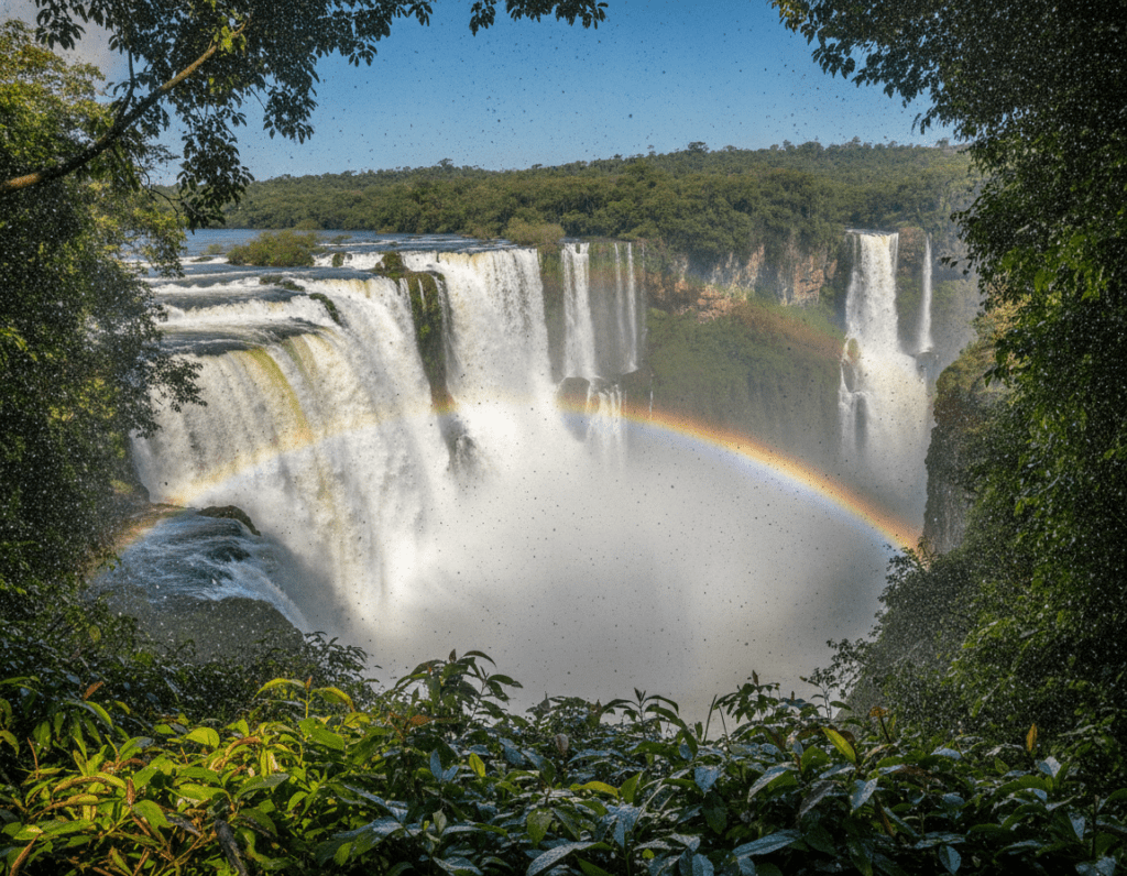 A breathtaking view of the Iguazú Falls in Argentina, showcasing the powerful cascade of water plunging into a misty abyss. In the foreground, lush green foliage frames the scene, with droplets of water glistening in the sunlight, creating a sense of freshness. The middle ground features the stunning waterfalls, surrounded by vibrant, dense rainforest, with rainbows appearing in the mist. The background displays dramatic cliffs and a clear blue sky, enhancing the sense of grandeur and natural beauty. The lighting is bright and vivid, emphasizing the sparkling water and vibrant colors of the flora. Capture the serene yet powerful atmosphere of this natural wonder, highlighting its majestic scale from a slightly elevated angle to convey depth and beauty. A breathtaking view of the Iguazú Falls in Argentina, showcasing the powerful cascade of water plunging into a misty abyss. In the foreground, lush green foliage frames the scene, with droplets of water glistening in the sunlight, creating a sense of freshness. The middle ground features the stunning waterfalls, surrounded by vibrant, dense rainforest, with rainbows appearing in the mist. The background displays dramatic cliffs and a clear blue sky, enhancing the sense of grandeur and natural beauty. The lighting is bright and vivid, emphasizing the sparkling water and vibrant colors of the flora. Capture the serene yet powerful atmosphere of this natural wonder, highlighting its majestic scale from a slightly elevated angle to convey depth and beauty.