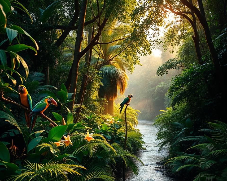 A lush Amazon rainforest teeming with diverse wildlife, showcasing vibrant green foliage and towering trees with thick canopies. In the foreground, colorful macaws and toucans perch on branches, their feathers bright against the greenery. In the middle, delicate orchids and ferns flourish among the rich undergrowth, while a river flows gently beside them, reflecting the dappled sunlight. In the background, layers of trees recede into mist, adding depth to the scene. The atmosphere is serene yet alive with the sounds of nature, capturing the essence of biodiversity. Soft golden light filters through the leaves, creating a magical ambiance. The angle is slightly elevated to emphasize the height of the trees and the lush canopy above, inviting viewers into this vibrant ecosystem. A lush Amazon rainforest teeming with diverse wildlife, showcasing vibrant green foliage and towering trees with thick canopies. In the foreground, colorful macaws and toucans perch on branches, their feathers bright against the greenery. In the middle, delicate orchids and ferns flourish among the rich undergrowth, while a river flows gently beside them, reflecting the dappled sunlight. In the background, layers of trees recede into mist, adding depth to the scene. The atmosphere is serene yet alive with the sounds of nature, capturing the essence of biodiversity. Soft golden light filters through the leaves, creating a magical ambiance. The angle is slightly elevated to emphasize the height of the trees and the lush canopy above, inviting viewers into this vibrant ecosystem.