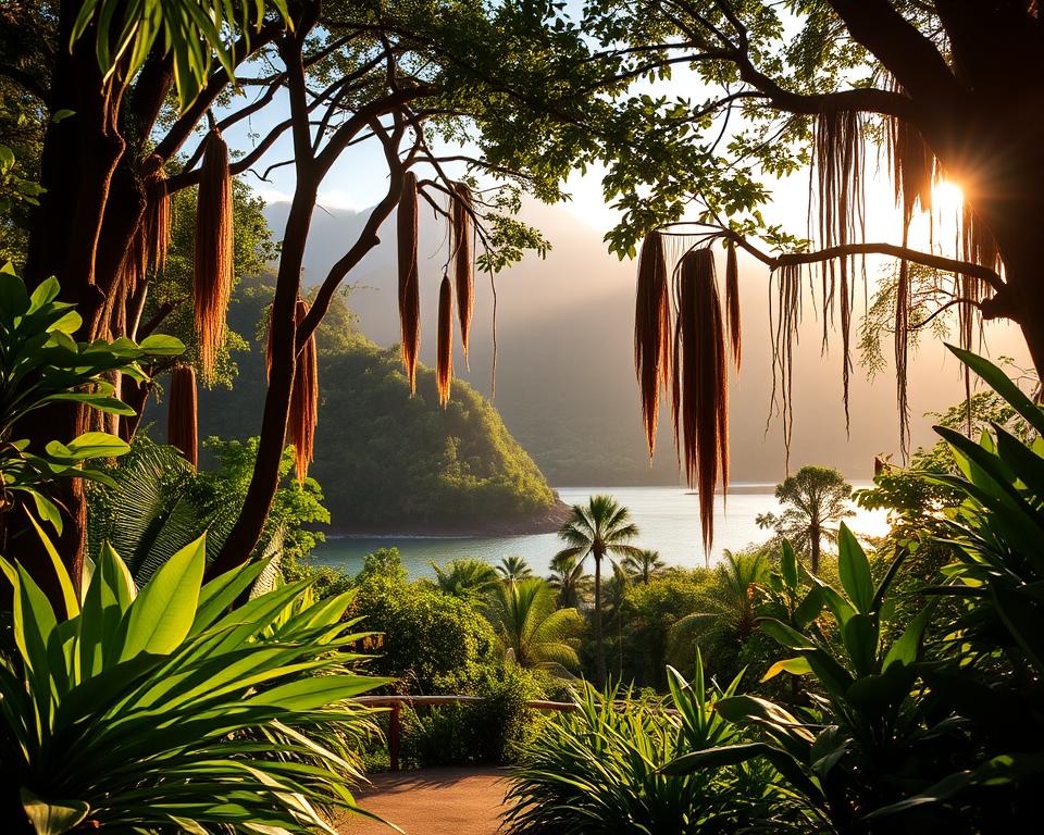A lush scene capturing the essence of Corcovado National Park during the ideal travel season. In the foreground, vibrant green foliage and diverse tropical plants frame a tranquil pathway, inviting visitors into the heart of the rainforest. In the middle ground, a shimmering river glistens under soft morning light, with silhouettes of distant, majestic mountains partially shrouded in mist. The background features a dense layer of towering trees with rich, textured bark and hanging vines, creating a sense of depth and mystery. The scene is bathed in warm, golden sunlight filtering through the canopy, evoking a serene, inviting atmosphere. The angle is slightly elevated, providing a broad view of this untouched natural paradise. The overall mood is peaceful and enchanting, capturing the breathtaking beauty of Costa Rica’s wilderness.