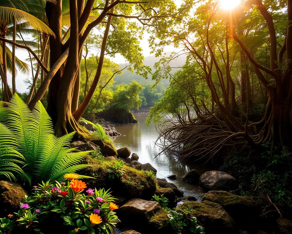 A lush tropical rainforest scene from Corcovado National Park, showcasing a rich diversity of flora. In the foreground, vibrant green ferns and colorful wildflowers dot the damp earth, while moss-covered rocks add texture. The middle ground features towering trees with thick trunks and sprawling canopies, their leaves creating a dappled light effect on the forest floor. Mangrove roots twist gracefully along the edges of a tranquil coastal estuary, reflecting the sunlight filtering through the foliage. In the background, the glint of the ocean can be seen through the trees, enhancing the sense of paradise. Soft, golden sunlight spills through the canopy, casting a warm glow over the scene. The atmosphere is serene and immersive, inviting viewers into the natural beauty of Costa Rica's diverse ecosystems.