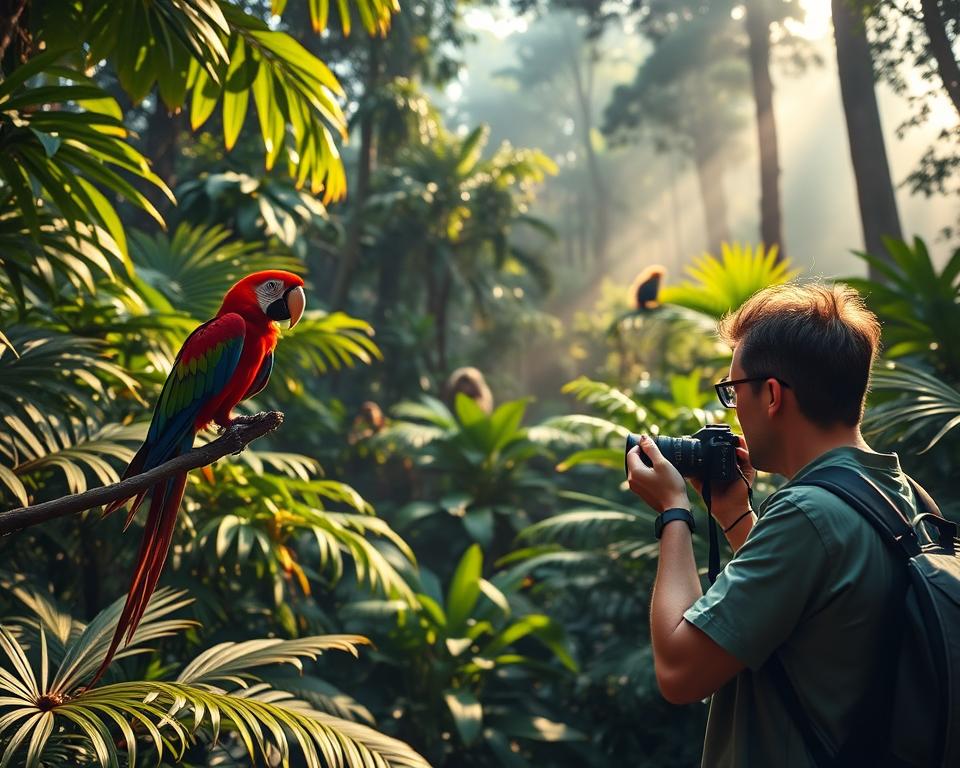 A lush, vibrant rainforest scene in Corcovado National Park, showcasing diverse wildlife observation. In the foreground, a keen photographer in casual, modest clothing, intently focusing on capturing a vibrant scarlet macaw perched on a tree branch. The middle ground features rich, green foliage with glimpses of other wildlife—such as a capuchin monkey and a colorful poison dart frog—amid dappled sunlight filtering through the dense canopy. In the background, towering trees fade into a misty atmosphere, enhancing the sense of depth and mystery. The scene is illuminated with warm, golden light, emphasizing the tropical vibrancy and creating a serene yet exhilarating mood, reminiscent of an untouched natural paradise.