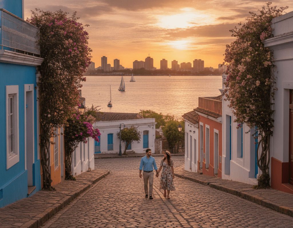 A picturesque scene capturing the essence of Uruguay's highlights. In the foreground, a charming cobblestone street in Colonia del Sacramento, lined with brightly colored colonial buildings adorned with bougainvillea. In the middle ground, a couple dressed in smart casual clothing strolls hand in hand, savoring the vibrant atmosphere. The background features the expansive Río de la Plata, reflecting the warm hues of a sunset, with sailboats gently gliding across the water. Soft golden light casts romantic shadows, enhancing the serene mood. The composition is framed using a slight upward angle, showcasing both intimate details and the stunning skyline of Montevideo in the distance, evoking a sense of exploration and adventure in this underrated gem of South America. A picturesque scene capturing the essence of Uruguay's highlights. In the foreground, a charming cobblestone street in Colonia del Sacramento, lined with brightly colored colonial buildings adorned with bougainvillea. In the middle ground, a couple dressed in smart casual clothing strolls hand in hand, savoring the vibrant atmosphere. The background features the expansive Río de la Plata, reflecting the warm hues of a sunset, with sailboats gently gliding across the water. Soft golden light casts romantic shadows, enhancing the serene mood. The composition is framed using a slight upward angle, showcasing both intimate details and the stunning skyline of Montevideo in the distance, evoking a sense of exploration and adventure in this underrated gem of South America.