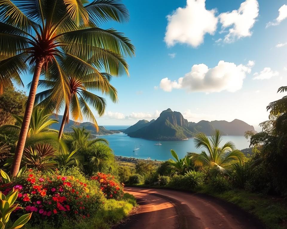A scenic view of Drake Bay, showcasing a winding dirt road leading to its lush landscape. In the foreground, a vibrant array of tropical flora, such as palm trees and colorful flowers, creates a lush frame. The middle ground features a glimpse of the tranquil bay, dotted with small fishing boats gently swaying on the water. In the background, steep, green hills rise majestically under a clear blue sky with scattered clouds, hinting at the rich biodiversity of Corcovado National Park. Soft, warm sunlight filters through the leaves, casting dappled shadows on the ground, evoking a serene and inviting atmosphere. The perspective is reminiscent of a travel photograph, capturing the essence of adventure in Costa Rica’s pristine nature.