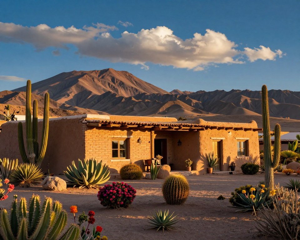 A scenic view of San Pedro de Atacama, showcasing a charming adobe-style accommodation nestled against the backdrop of stunning desert landscapes. In the foreground, colorful local flora, such as cacti and flowering plants, add vibrant pops of color. The middle ground features the rustic building with traditional clay brick architecture, highlighted by warm sunlight that bathes the scene in a golden hue during the golden hour. In the background, majestic mountains rise against a deep blue sky, dotted with fluffy white clouds, creating an atmosphere of adventure and tranquility. The composition should evoke a sense of serenity and exploration, enticing viewers to imagine their own journey through the wonders of the Atacama Desert. A scenic view of San Pedro de Atacama, showcasing a charming adobe-style accommodation nestled against the backdrop of stunning desert landscapes. In the foreground, colorful local flora, such as cacti and flowering plants, add vibrant pops of color. The middle ground features the rustic building with traditional clay brick architecture, highlighted by warm sunlight that bathes the scene in a golden hue during the golden hour. In the background, majestic mountains rise against a deep blue sky, dotted with fluffy white clouds, creating an atmosphere of adventure and tranquility. The composition should evoke a sense of serenity and exploration, enticing viewers to imagine their own journey through the wonders of the Atacama Desert.