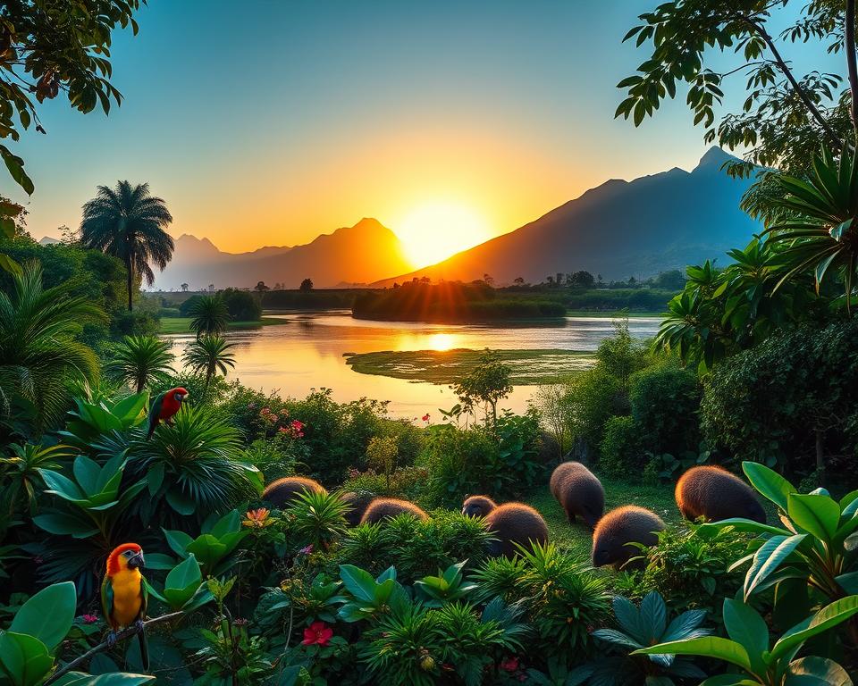 A serene South American landscape teeming with diverse wildlife during the best travel season for animal observation. In the foreground, a lush green jungle with exotic plants, vibrant flowers, and hidden creatures like colorful birds and playful monkeys. The middle ground features a tranquil river reflecting the clear blue sky, with a family of capybaras grazing by its banks. In the background, majestic mountains rise under a warm, golden sunset, casting a magical glow over the scene. Soft, ambient lighting enhances the lushness of the flora and the vibrant colors of the fauna. Capture this natural habitat from a slightly elevated angle to showcase the harmony between the wildlife and their environment, evoking a feeling of adventure and tranquility. A serene South American landscape teeming with diverse wildlife during the best travel season for animal observation. In the foreground, a lush green jungle with exotic plants, vibrant flowers, and hidden creatures like colorful birds and playful monkeys. The middle ground features a tranquil river reflecting the clear blue sky, with a family of capybaras grazing by its banks. In the background, majestic mountains rise under a warm, golden sunset, casting a magical glow over the scene. Soft, ambient lighting enhances the lushness of the flora and the vibrant colors of the fauna. Capture this natural habitat from a slightly elevated angle to showcase the harmony between the wildlife and their environment, evoking a feeling of adventure and tranquility.