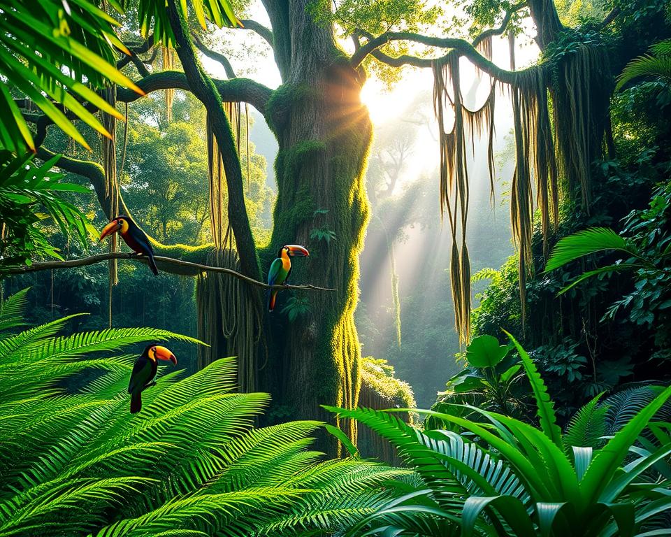 A serene and vibrant view of the rainforest in Costa Rica, specifically within Corcovado National Park. In the foreground, lush green ferns and tropical plants create a rich texture, while colorful exotic birds, such as toucans and parrots, perch gracefully on branches. The middle section showcases towering, ancient trees adorned with brilliant green moss and hanging vines, hinting at the biodiversity of the region. In the background, soft rays of sunlight filter through the canopy, creating a warm, inviting atmosphere and illuminating the various shades of green. The overall mood is tranquil and refreshing, encouraging a sense of connection with nature. The scene should evoke feelings of peace and health, emphasizing the natural beauty and ecological importance of the rainforest environment.