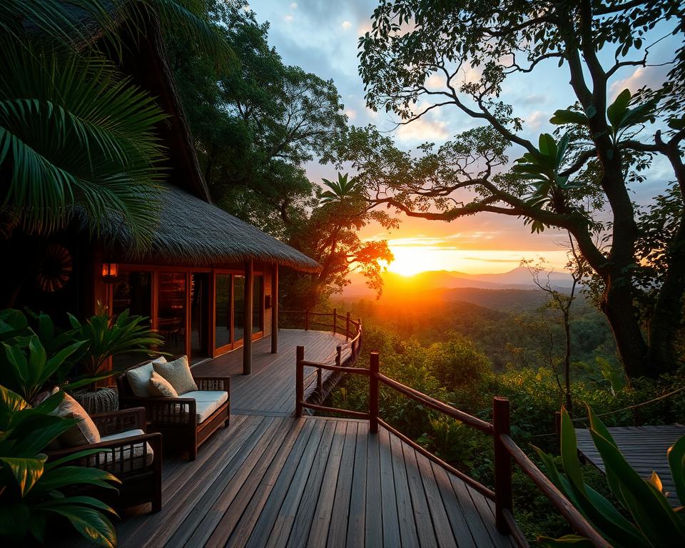 A serene eco-lodge nestled in the lush jungles of Costa Rica, surrounded by vibrant tropical foliage and towering trees. In the foreground, showcase a rustic wooden deck with comfortable seating adorned with natural fabrics, inviting guests to relax. The middle ground reveals the eco-lodge with its thatched roof, large windows, and organic architecture, harmoniously blending with the environment. In the background, depict the breathtaking landscape of Corcovado National Park, featuring distant mountains and a hint of wildlife peeking through the trees. Use warm, soft lighting to create a peaceful and inviting atmosphere during sunset, capturing the essence of eco-tourism and nature. A wide-angle perspective emphasizes the integration of the lodge with its stunning surroundings, evoking a sense of tranquility and adventure.