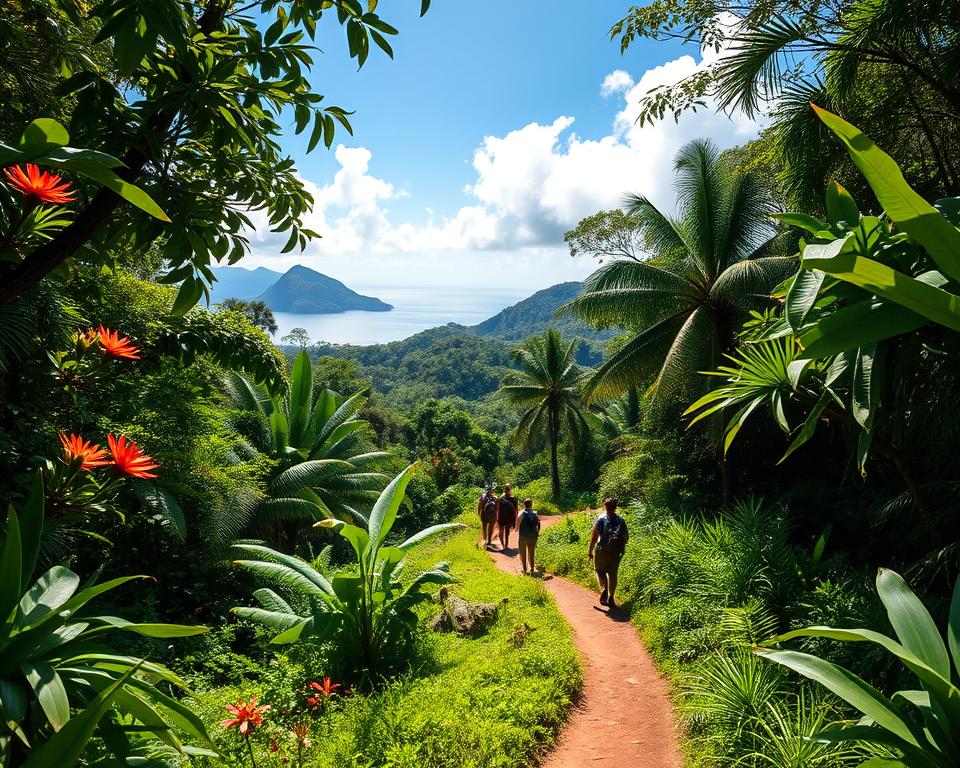 A stunning landscape of Corcovado National Park in Costa Rica, showcasing lush greenery and diverse wildlife. In the foreground, a winding trail leads through thick tropical foliage with vibrant flowers and towering trees framing the path. In the middle ground, a small group of hikers dressed in modest outdoor clothing can be seen trekking along the trail, taking in their surroundings. The background features dramatic mountains and a glimpse of the ocean, under a bright blue sky with soft, fluffy clouds. Sunlight filters through the canopy, creating a warm and inviting atmosphere that highlights the beauty of nature. Capture this scene with a wide-angle lens to emphasize depth and the immersive experience of the rainforest.