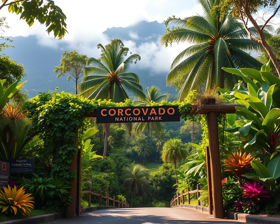 A stunning view of the Corcovado National Park entrance, capturing the essence of Costa Rica's natural paradise. In the foreground, illustrate a wooden entrance gate with a sign that reads "Corcovado National Park" adorned with lush green vines. For the middle ground, show diverse vegetation typical of tropical rainforests, including towering trees, vibrant flowers, and ferns, creating a dense and inviting environment. In the background, depict misty mountains partially obscured by clouds, enhancing the allure of the wilderness. Use warm, dappled sunlight filtering through the trees to create a serene and welcoming atmosphere. The image should evoke a sense of adventure and respect for nature, appealing to visitors eager to explore this biodiverse sanctuary. The angle should be slightly elevated to capture both the entrance and the majestic surroundings.