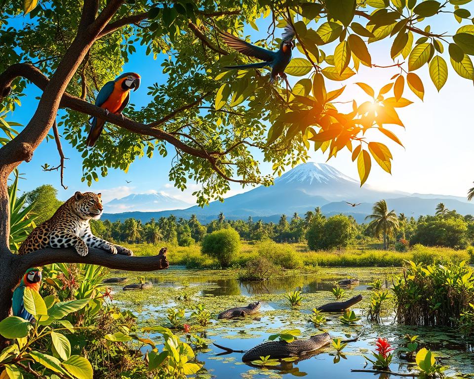 A vibrant South American landscape showcasing diverse ecosystems, including the lush Amazon rainforest, expansive Andes mountains, and serene Pantanal wetlands. In the foreground, a jaguar lounges on a tree branch, while colorful macaws soar above. The middle ground features a swamp dotted with caimans and exotic plants, reflecting the rich biodiversity. In the background, the Andes rise, capped with snow under a bright blue sky. The scene is illuminated by warm, golden sunlight filtering through the leaves, creating an inviting and tranquil atmosphere. Capture this moment with a wide-angle lens, highlighting the interconnectedness of these ecosystems and their unique wildlife, emphasizing the natural beauty and vitality of South America's unique ecosystems. A vibrant South American landscape showcasing diverse ecosystems, including the lush Amazon rainforest, expansive Andes mountains, and serene Pantanal wetlands. In the foreground, a jaguar lounges on a tree branch, while colorful macaws soar above. The middle ground features a swamp dotted with caimans and exotic plants, reflecting the rich biodiversity. In the background, the Andes rise, capped with snow under a bright blue sky. The scene is illuminated by warm, golden sunlight filtering through the leaves, creating an inviting and tranquil atmosphere. Capture this moment with a wide-angle lens, highlighting the interconnectedness of these ecosystems and their unique wildlife, emphasizing the natural beauty and vitality of South America's unique ecosystems.