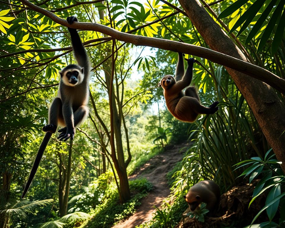 A vibrant South American rainforest scene, featuring a lively monkey swinging from tree branches in the foreground, showcasing its expressive face and long tail. Nearby, a sloth clings to a thick branch, its fur blending with the luscious greens of the canopy. In the background, a gentle slope reveals a playful anteater foraging on the forest floor, surrounded by rich vegetation. The sunlight filters through the leaves, casting a warm, dappled glow over the creatures, emphasizing their textures and colors. The atmosphere is serene yet lively, capturing the essence of wildlife thriving between the treetops and the ground. The image is viewed from a slightly angled perspective to highlight the depth of the layered forest environment. A vibrant South American rainforest scene, featuring a lively monkey swinging from tree branches in the foreground, showcasing its expressive face and long tail. Nearby, a sloth clings to a thick branch, its fur blending with the luscious greens of the canopy. In the background, a gentle slope reveals a playful anteater foraging on the forest floor, surrounded by rich vegetation. The sunlight filters through the leaves, casting a warm, dappled glow over the creatures, emphasizing their textures and colors. The atmosphere is serene yet lively, capturing the essence of wildlife thriving between the treetops and the ground. The image is viewed from a slightly angled perspective to highlight the depth of the layered forest environment.