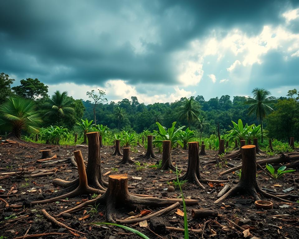 A vibrant depiction of deforestation in the Amazon rainforest. In the foreground, a barren patch of land with severed tree stumps and scattered debris reflects the impact of logging. Transitioning to the middle ground, various tropical plant species are struggling for survival amid the chaos, with occasional flashes of wildlife like a toucan or a capybara peeking through the foliage. In the background, a dense canopy of green trees remains intact, contrasting sharply with the deforested area. The scene is bathed in dramatic, diffused sunlight filtering through clouds, creating an atmosphere of urgency and sorrow. Use a wide-angle lens to capture the vastness of the landscape, emphasizing both the beauty of the untouched forest and the stark reality of destruction. A vibrant depiction of deforestation in the Amazon rainforest. In the foreground, a barren patch of land with severed tree stumps and scattered debris reflects the impact of logging. Transitioning to the middle ground, various tropical plant species are struggling for survival amid the chaos, with occasional flashes of wildlife like a toucan or a capybara peeking through the foliage. In the background, a dense canopy of green trees remains intact, contrasting sharply with the deforested area. The scene is bathed in dramatic, diffused sunlight filtering through clouds, creating an atmosphere of urgency and sorrow. Use a wide-angle lens to capture the vastness of the landscape, emphasizing both the beauty of the untouched forest and the stark reality of destruction.
