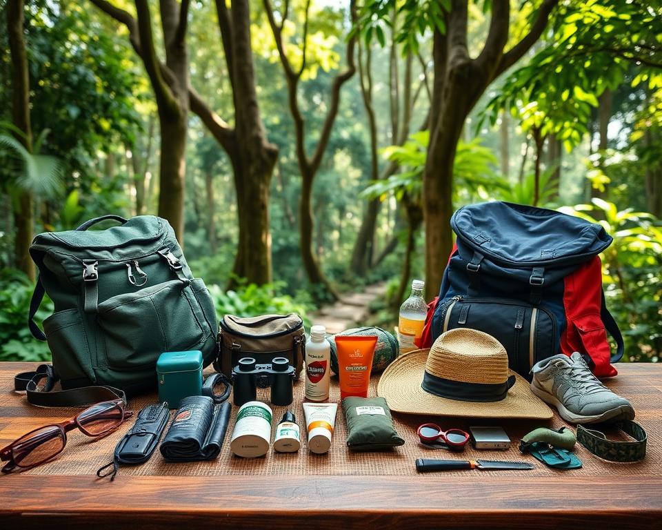 A vibrant, organized packlist for exploring Corcovado National Park in Costa Rica, showcasing essential items arranged neatly on a textured wooden table. In the foreground, include hiking gear such as a sturdy backpack, a water bottle, and binoculars. The middle ground features items for tropical conditions, like a wide-brimmed hat, sunscreen, insect repellent, and breathable clothing. The background reveals a lush rainforest scene with towering trees, vibrant green foliage, and dappled sunlight filtering through the canopy, creating a serene and adventurous atmosphere. Use soft, natural lighting that highlights the textures of the gear while maintaining a warm, inviting mood. The composition should be captured with a shallow depth of field, focusing on the packlist while the tropical flora provides a beautiful, blurred backdrop.