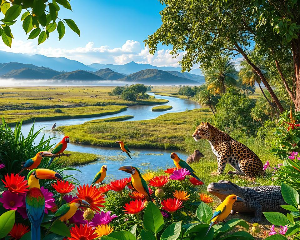 A vibrant scene capturing the unique wildlife of the Pantanal, showcasing a majestic jaguar lounging on a riverbank surrounded by lush greenery. In the foreground, a colorful array of tropical birds, such as macaws and toucans, flit amidst vibrant flowers. The middle ground features a winding river with playful capybaras and a serene caiman basking in the sun. The background reveals misty hills dotted with palms under a bright blue sky, suggesting the early morning light with soft shadows. The image should evoke a sense of tranquility and wonder, representing the rich biodiversity of South America's wildlife hotspot. Shot with a wide-angle lens to capture the expansive landscape and diverse animal life. A vibrant scene capturing the unique wildlife of the Pantanal, showcasing a majestic jaguar lounging on a riverbank surrounded by lush greenery. In the foreground, a colorful array of tropical birds, such as macaws and toucans, flit amidst vibrant flowers. The middle ground features a winding river with playful capybaras and a serene caiman basking in the sun. The background reveals misty hills dotted with palms under a bright blue sky, suggesting the early morning light with soft shadows. The image should evoke a sense of tranquility and wonder, representing the rich biodiversity of South America's wildlife hotspot. Shot with a wide-angle lens to capture the expansive landscape and diverse animal life.