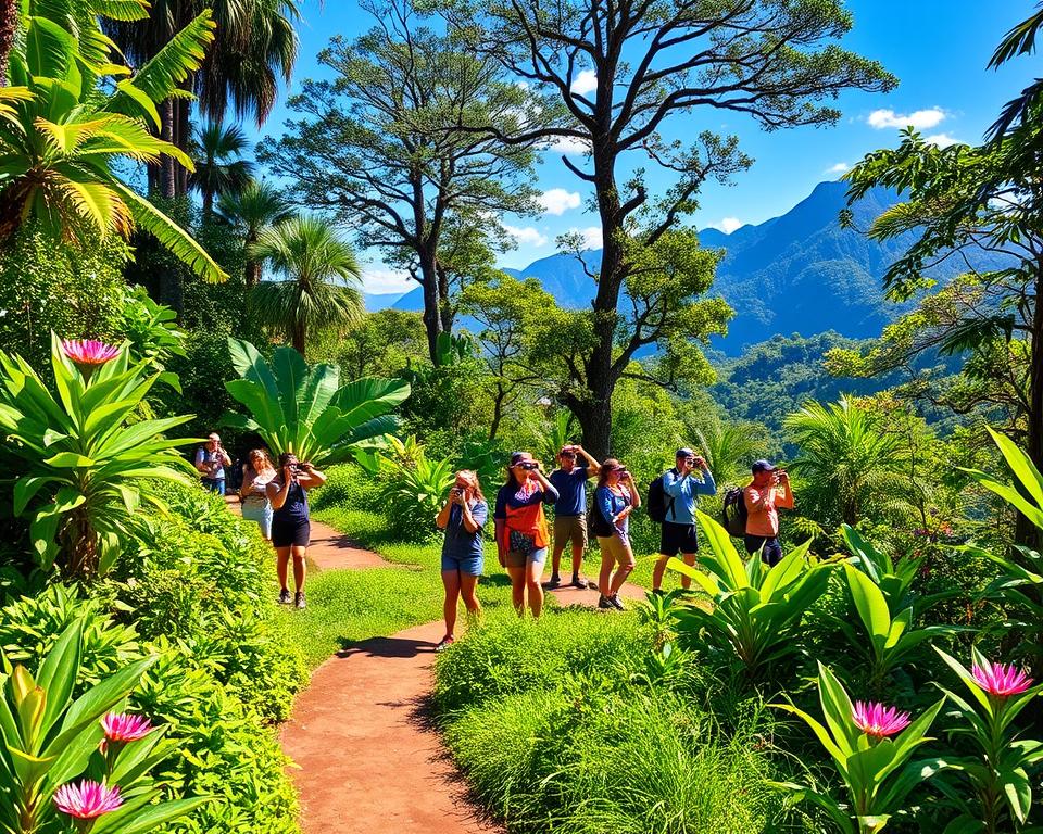 A vibrant scene depicting Corcovado National Park in Costa Rica, showcasing its lush greenery and diverse wildlife. In the foreground, a well-maintained hiking trail winds through dense vegetation, with tropical plants and colorful flowers on either side. A group of diverse travelers, dressed in casual hiking attire, can be seen enjoying the scenery, capturing photos with their cameras. The middle ground features towering trees with sunlight filtering through the leaves, creating dappled light effects on the forest floor. In the background, majestic mountains rise under a bright blue sky, hinting at the vastness of the national park. The mood is adventurous and inviting, perfect for travel enthusiasts. The image should be well-lit, with vivid colors, as if captured during the golden hour to enhance the beauty of nature.