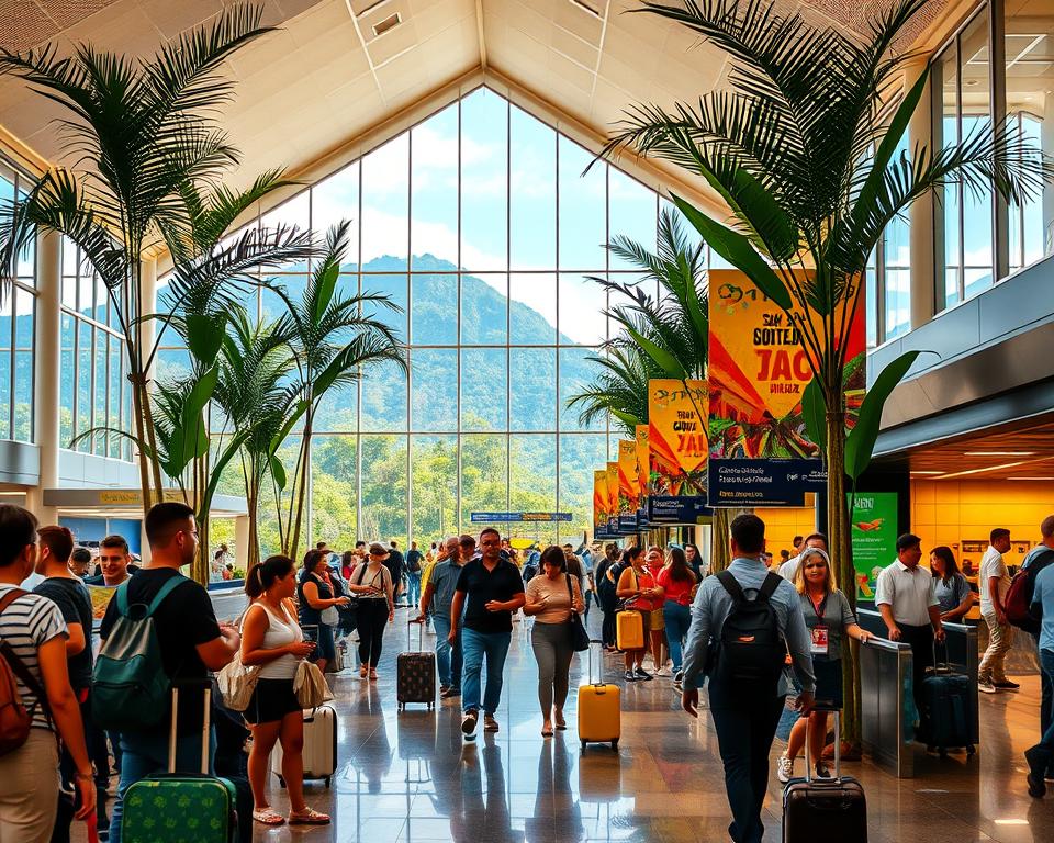A vibrant scene depicting the arrival in San José, Costa Rica. In the foreground, a stylish airport terminal filled with travelers, some looking at maps and others waiting for luggage, all dressed in comfortable, casual attire. In the middle ground, a busy arrival area highlighted by tall indoor plants, colorful banners celebrating Costa Rican culture, and friendly airport staff welcoming guests. In the background, large windows reveal lush green mountains and a bright blue sky peeking through, showcasing the tropical landscape. The lighting is warm and inviting, with soft sunlight streaming through the glass, creating a cheerful atmosphere. The image captures the excitement of travel and the adventure awaiting in the natural paradise of Corcovado National Park.