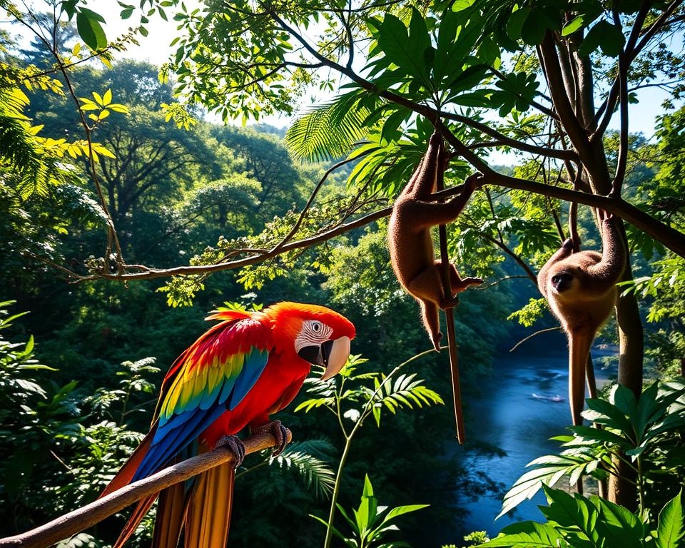 A vibrant scene depicting the diverse wildlife of Corcovado National Park in Costa Rica. In the foreground, a pair of vibrant scarlet macaws perched on a branch, their feathers catching the dappled sunlight filtering through the lush canopy. In the middle ground, a playful group of capuchin monkeys swings through the trees, while a shy sloth clings to a nearby branch, partially hidden among the leaves. The background features dense, green rainforest with towering trees and a glimpse of a tranquil river glistening under a bright, blue sky. The lighting is bright and natural, suggesting late morning, creating a lively and adventurous atmosphere, capturing the rich biodiversity of this natural paradise.