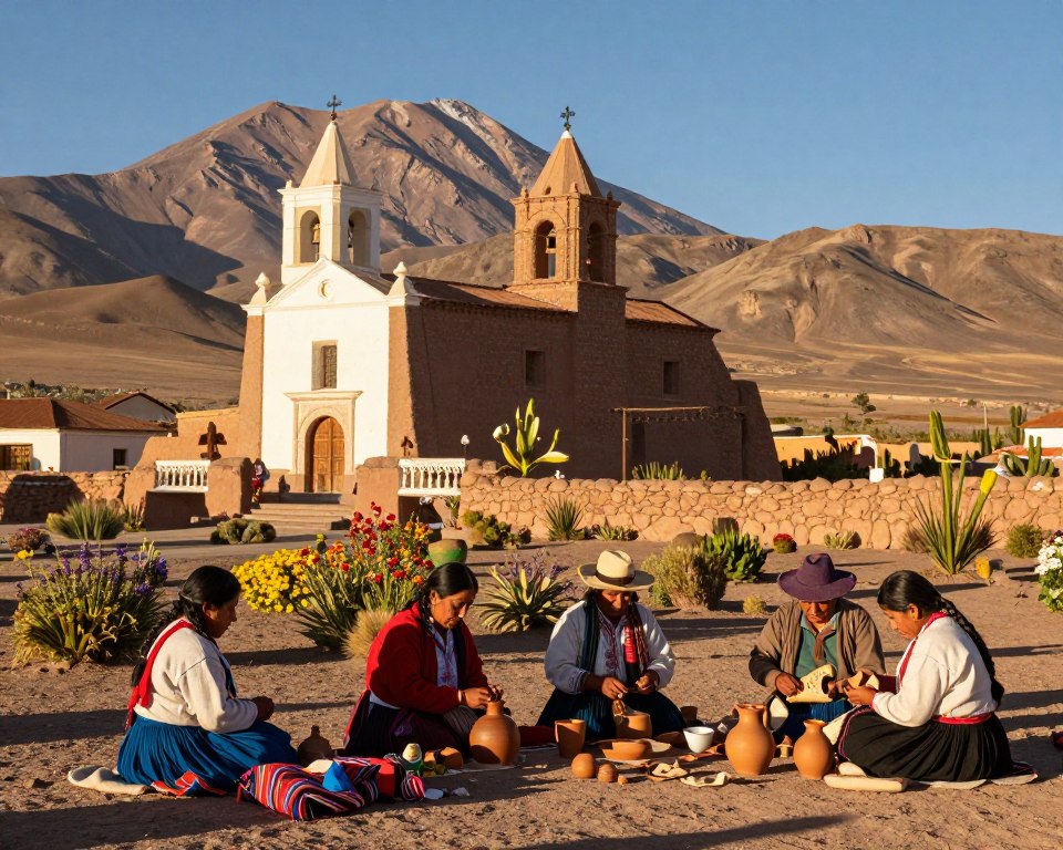 A vibrant scene depicting the rich culture and history of San Pedro de Atacama, Chile. In the foreground, include a group of indigenous people dressed in traditional attire, showcasing vibrant textiles, as they engage in traditional craft-making, such as pottery and weaving. In the middle ground, display a picturesque adobe church, exemplifying colonial architecture, surrounded by colorful wildflowers native to the Atacama region. In the background, feature the dramatic Andes mountains under a clear blue sky, evoking a sense of vastness and tranquility. Use warm, golden-hour lighting to enhance the colors and create a nostalgic atmosphere, shot with a wide-angle perspective to capture the beauty of this unique cultural landscape. A vibrant scene depicting the rich culture and history of San Pedro de Atacama, Chile. In the foreground, include a group of indigenous people dressed in traditional attire, showcasing vibrant textiles, as they engage in traditional craft-making, such as pottery and weaving. In the middle ground, display a picturesque adobe church, exemplifying colonial architecture, surrounded by colorful wildflowers native to the Atacama region. In the background, feature the dramatic Andes mountains under a clear blue sky, evoking a sense of vastness and tranquility. Use warm, golden-hour lighting to enhance the colors and create a nostalgic atmosphere, shot with a wide-angle perspective to capture the beauty of this unique cultural landscape.