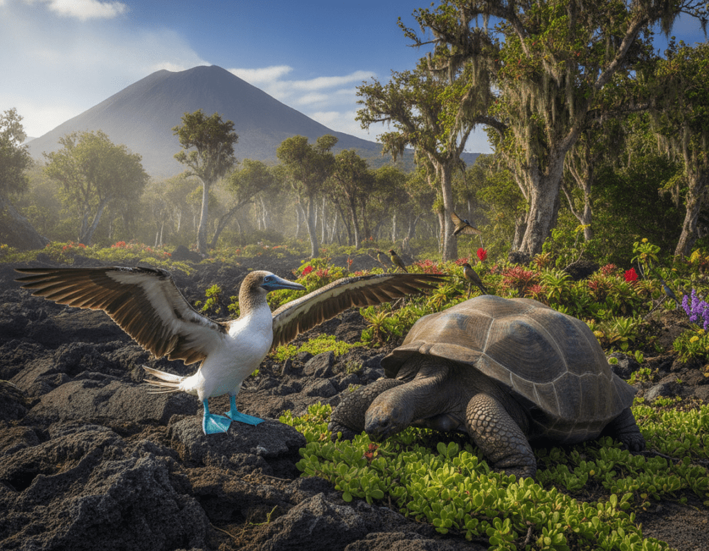 A vibrant scene depicting the unique wildlife of the Galápagos Islands, showcasing iconic species such as blue-footed boobies, giant tortoises, and marine iguanas. In the foreground, a blue-footed booby gracefully spreads its wings on a rocky outcrop, while a giant tortoise grazes on green vegetation. The middle ground features a lush, misty cloud forest with towering trees and colorful flowers, where various birds flit among the branches. In the background, dramatic volcanic landscapes rise under a bright blue sky. Soft, natural sunlight illuminates the scene, casting gentle shadows and enhancing the vivid colors of the wildlife. The atmosphere is serene and captivating, reflecting the unspoiled beauty of this unique ecosystem.