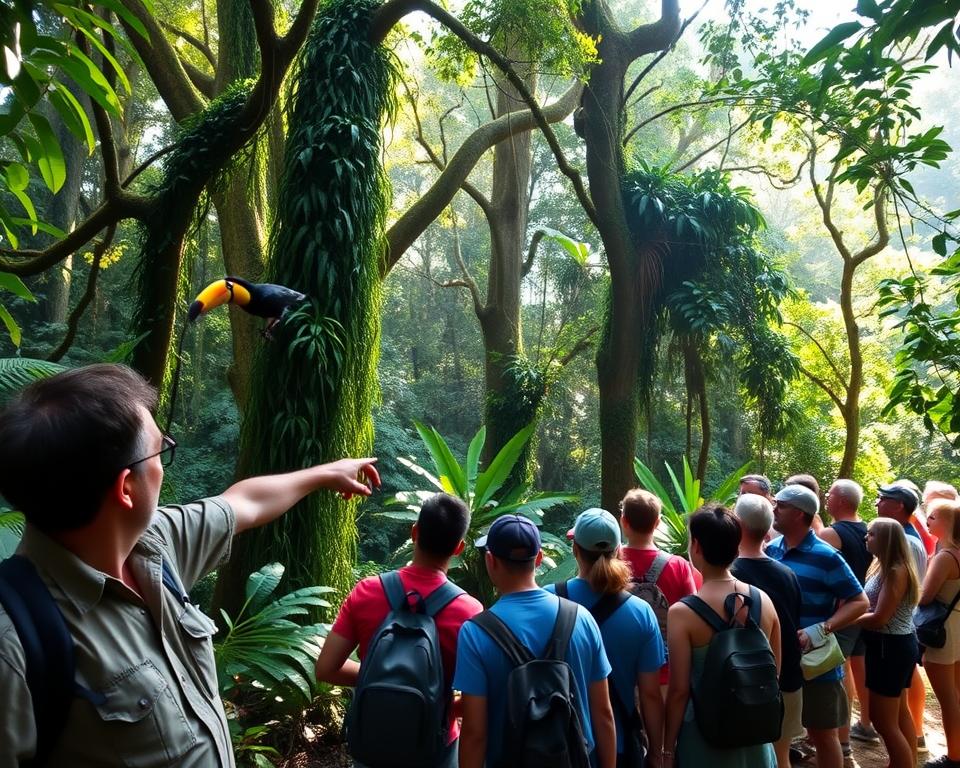 A vibrant scene from Corcovado National Park in Costa Rica, capturing the lush rainforest teeming with wildlife. In the foreground, a local tour guide, dressed in modest casual clothing, is pointing towards a colorful toucan perched on a branch. The middle ground showcases dense, towering trees draped with vibrant green vines and a variety of exotic plants, while a diverse group of tourists, also in casual attire, marvel at the scenery. In the background, soft rays of sunlight filter through the canopy, creating a dappled light effect on the forest floor. The atmosphere conveys a sense of adventure and awe, highlighting the park's natural beauty. Capture this scene at a slightly elevated angle to emphasize the majestic landscape. Ideal for showcasing the best activities in Corcovado National Park.