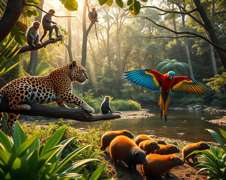 A vibrant scene showcasing the unique wildlife of South America, featuring a lush rainforest setting. In the foreground, a majestic jaguar lounges on a tree branch, its spotted coat glistening in the dappled sunlight. Nearby, a colorful macaw spreads its wings, showcasing brilliant hues of blue, yellow, and red. The middle ground reveals a family of capybaras grazing peacefully by a serene river, surrounded by tropical plants and flowers. In the background, towering trees stretch towards the sky, with monkeys playfully swinging from branch to branch. The image captures the rich biodiversity and lively atmosphere of South America's ecosystems, with soft, golden light filtering through the canopy, creating an enchanting and dynamic ambiance. The angle is slightly low, focusing on the wildlife while giving a sense of depth to the vibrant jungle landscape. A vibrant scene showcasing the unique wildlife of South America, featuring a lush rainforest setting. In the foreground, a majestic jaguar lounges on a tree branch, its spotted coat glistening in the dappled sunlight. Nearby, a colorful macaw spreads its wings, showcasing brilliant hues of blue, yellow, and red. The middle ground reveals a family of capybaras grazing peacefully by a serene river, surrounded by tropical plants and flowers. In the background, towering trees stretch towards the sky, with monkeys playfully swinging from branch to branch. The image captures the rich biodiversity and lively atmosphere of South America's ecosystems, with soft, golden light filtering through the canopy, creating an enchanting and dynamic ambiance. The angle is slightly low, focusing on the wildlife while giving a sense of depth to the vibrant jungle landscape.