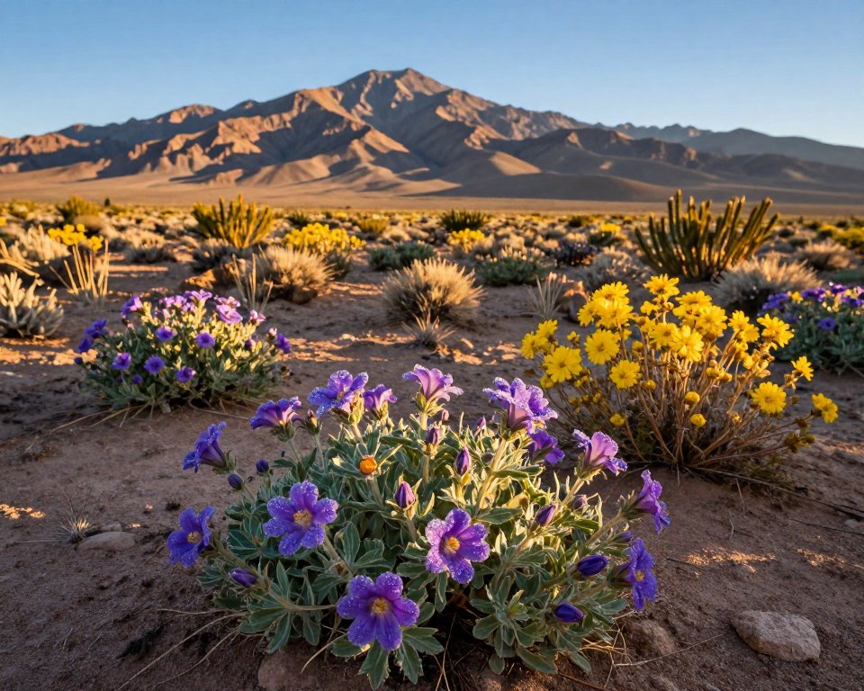 Vibrant scene showcasing the unique flora of the Atacama Desert, featuring an array of colorful wildflowers like the purple Calceolaria and the yellow Eriogonum. In the foreground, a close-up of these delicate blossoms with dew drops glistening in the early morning light. The middle ground reveals scattered desert shrubs, creating a lush contrast against the arid landscape. In the background, the rugged Andes mountains rise under a clear blue sky, casting soft shadows across the terrain. The atmosphere is warm and inviting, capturing the essence of life in one of the driest places on Earth. The lighting is soft and golden, reminiscent of sunrise, enhancing the textures of the plants and the earthy tones of the desert. Vibrant scene showcasing the unique flora of the Atacama Desert, featuring an array of colorful wildflowers like the purple Calceolaria and the yellow Eriogonum. In the foreground, a close-up of these delicate blossoms with dew drops glistening in the early morning light. The middle ground reveals scattered desert shrubs, creating a lush contrast against the arid landscape. In the background, the rugged Andes mountains rise under a clear blue sky, casting soft shadows across the terrain. The atmosphere is warm and inviting, capturing the essence of life in one of the driest places on Earth. The lighting is soft and golden, reminiscent of sunrise, enhancing the textures of the plants and the earthy tones of the desert.